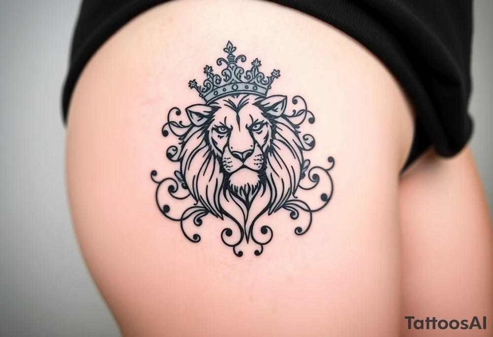 majestic lion wearing ornate crown, surrounded by baroque flourishes tattoo idea