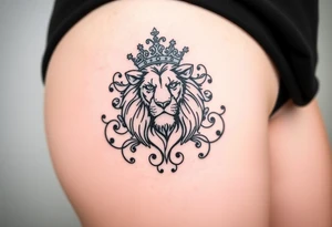majestic lion wearing ornate crown, surrounded by baroque flourishes tattoo idea