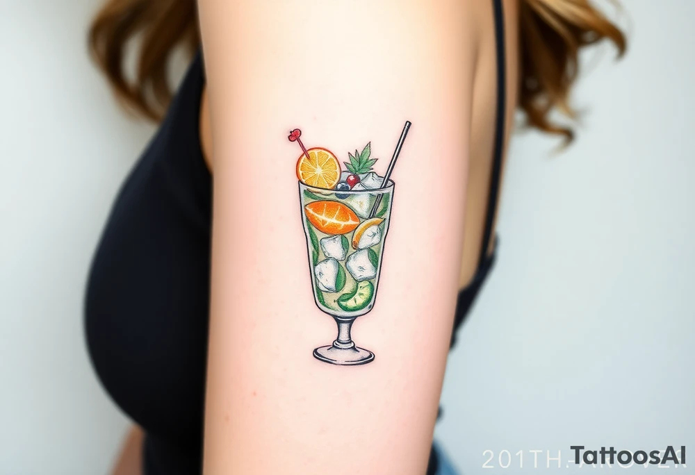Fun Caribbean cruise cocktail with lots of garnishes and ice in a short rocks glass tattoo idea