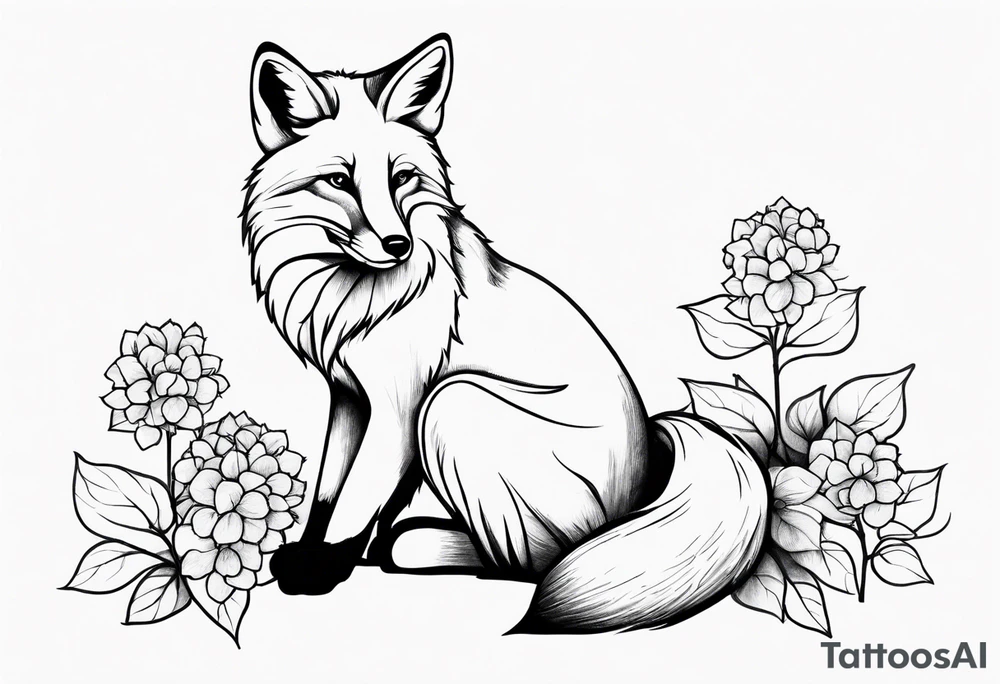 sitting fox, full body, realistic, hydrangeas tattoo idea sitting fox, full body, realistic, hydrangeas tattoo idea