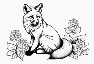 sitting fox, full body, realistic, hydrangeas tattoo idea