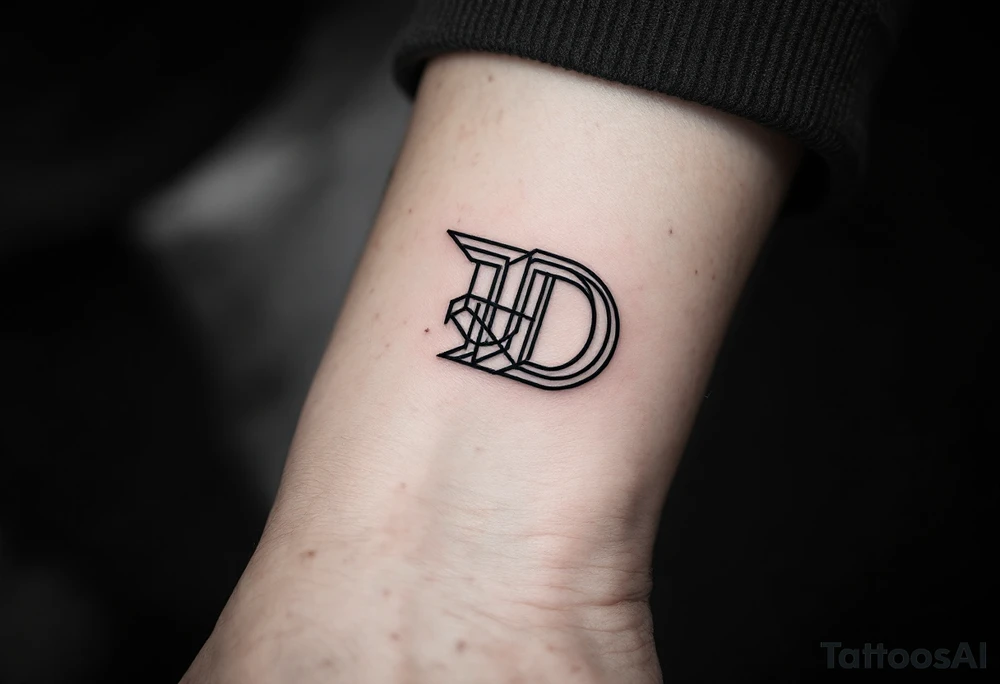 Minimalist Geometric D – A clean, thin-line letter D made from sharp black lines and accented with soft gray shadows. tattoo idea