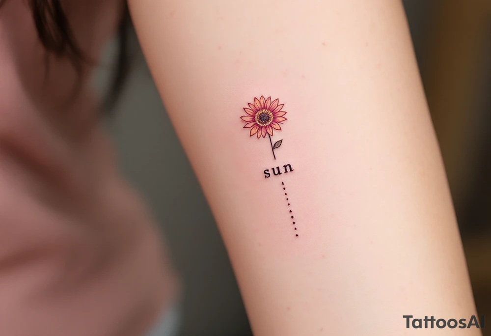 Word "Sun" written vertical with small sunflower in pink tattoo idea