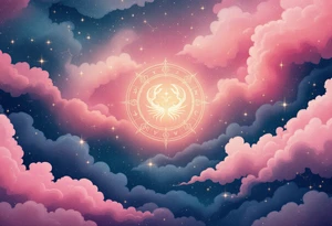 A pink and navy ombré sky holds the Cancer constellation with a silver zodiac glyph glowing at its center. tattoo idea