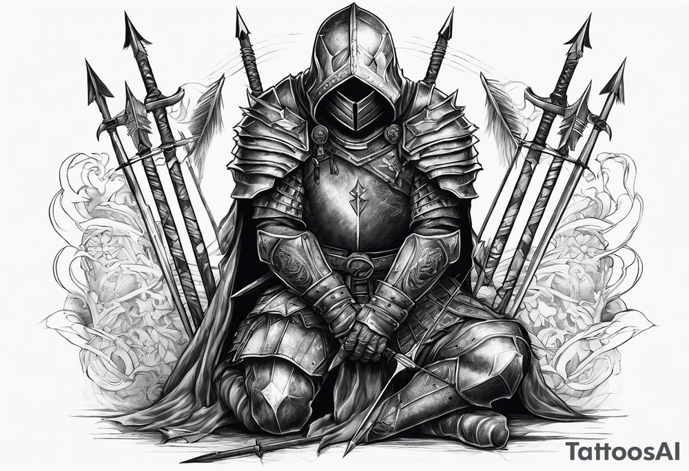 Dead knight on his knees with five arrows in his back tattoo idea Dead knight on his knees with five arrows in his back tattoo idea