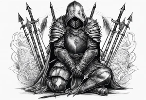 Dead knight on his knees with five arrows in his back tattoo idea