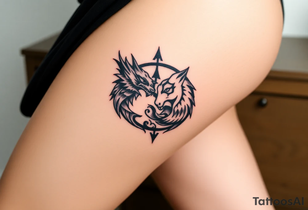 Ying yang symbol with one side a dragon and one side a wolf tattoo idea