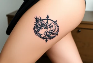 Ying yang symbol with one side a dragon and one side a wolf tattoo idea