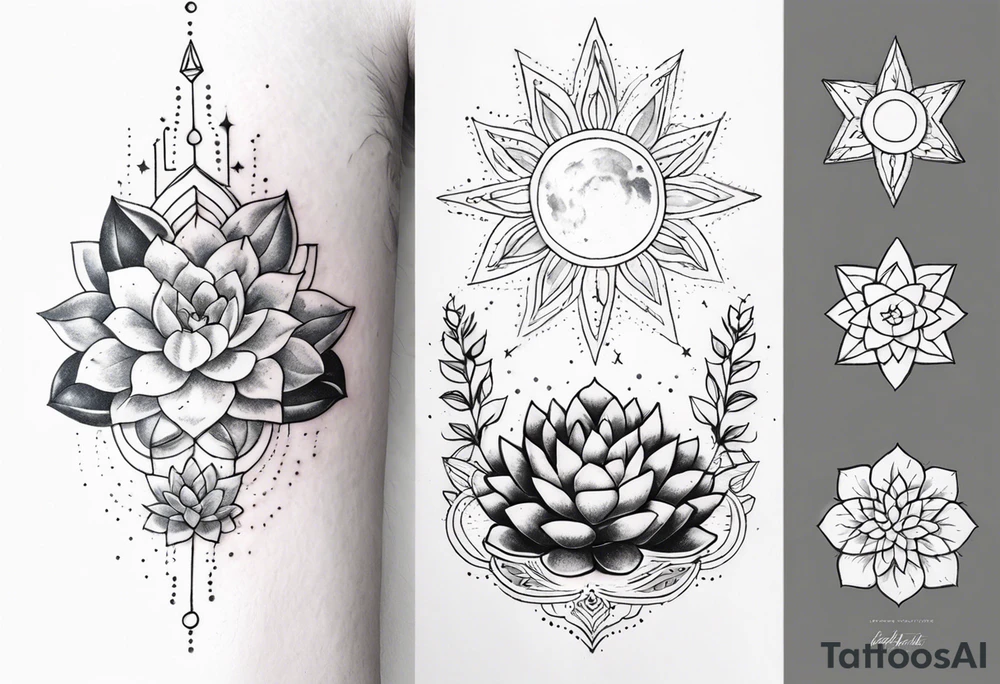 fine line with sun, stars, floral, dots, three succulents
. Sternum tattoo grey scale shading tattoo idea