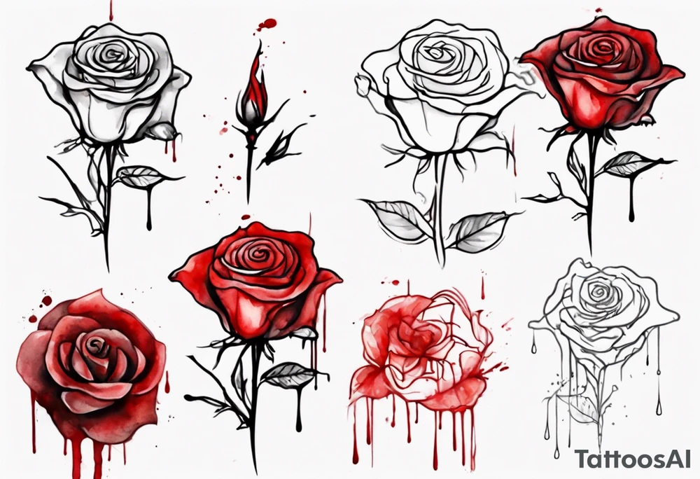 rose flower, one line, red blood dripping from the flower, tall, watercolor tattoo idea