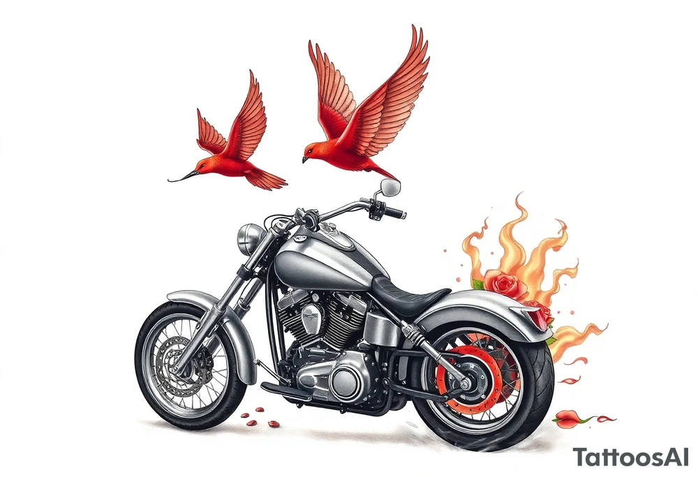 Harley grey motorcycle driving away, two red birds flying, roses, flames, angel wings tattoo idea