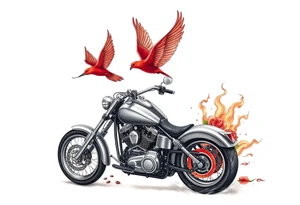Harley grey motorcycle driving away, two red birds flying, roses, flames, angel wings tattoo idea