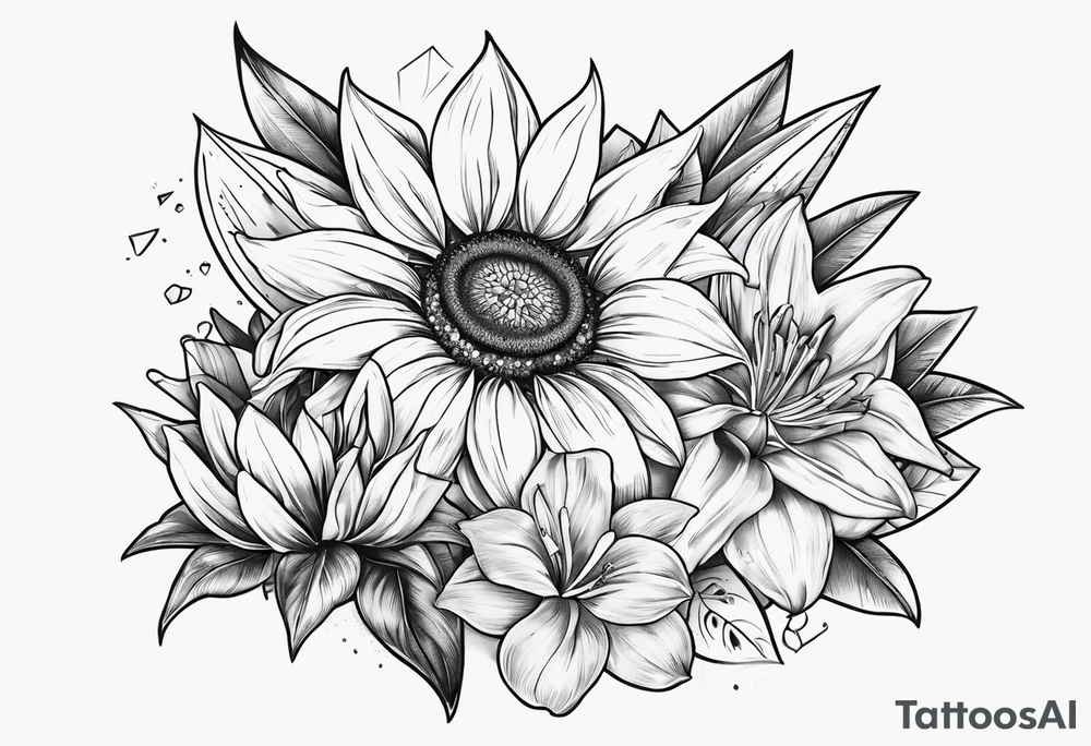 Small cluster containing a sunflower, lily, pot leaf, and diamonds tattoo idea Small cluster containing a sunflower, lily, pot leaf, and diamonds tattoo idea