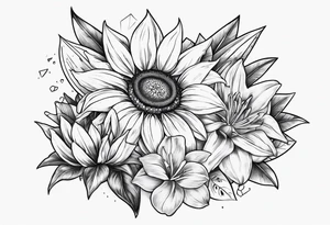 Small cluster containing a sunflower, lily, pot leaf, and diamonds tattoo idea