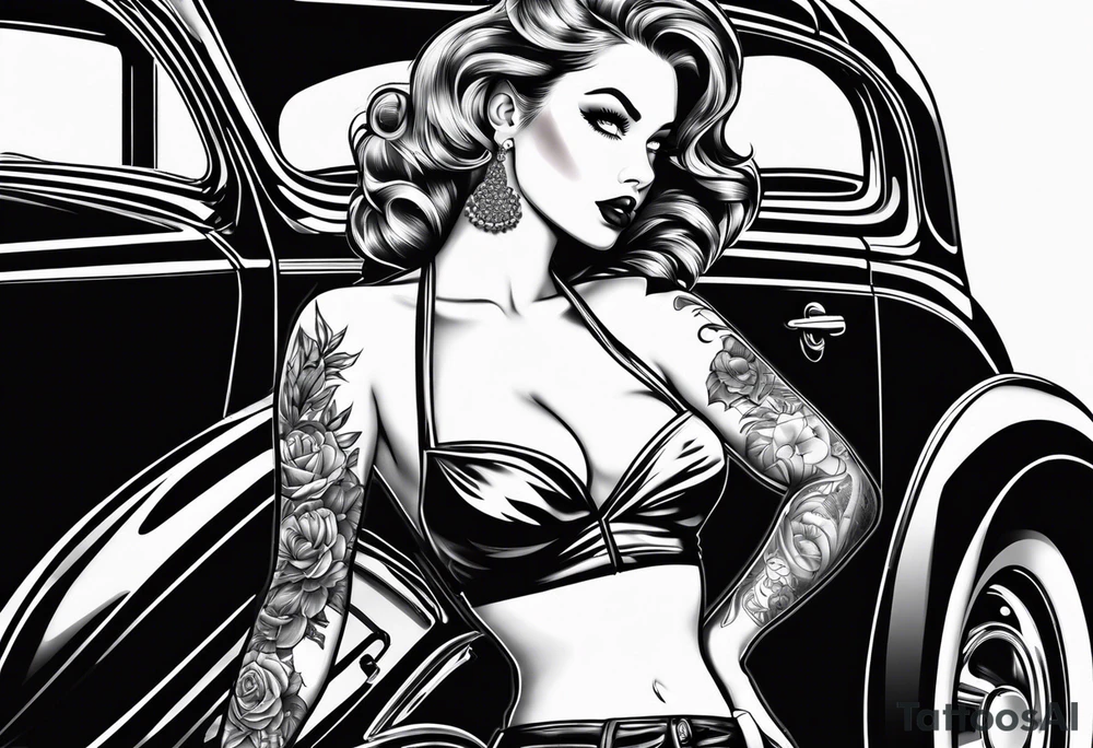 Pinup girl standing by a car tattoo idea