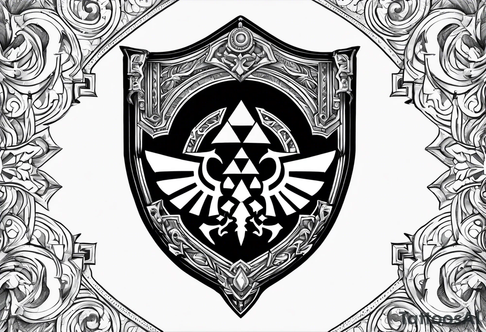 Hylian shield, replace the triforce with master chiefs helmet and the bird crest with the grey wardens logo tattoo idea