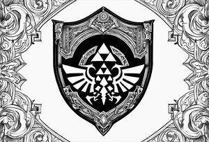 Hylian shield, replace the triforce with master chiefs helmet and the bird crest with the grey wardens logo tattoo idea