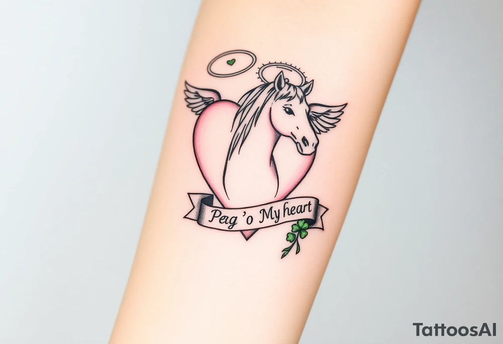 a big pale pink heart and a mare with wings and a halo and a bunch of green shamrocks, with a banner across the heart that says Peg 'o My Heart tattoo idea