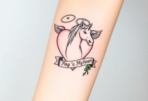 a big pale pink heart and a mare with wings and a halo and a bunch of green shamrocks, with a banner across the heart that says Peg 'o My Heart tattoo idea