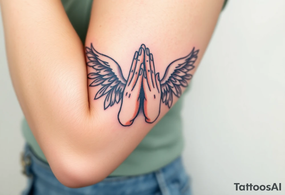 Prayer hand with names mixing in angel wings tattoo idea