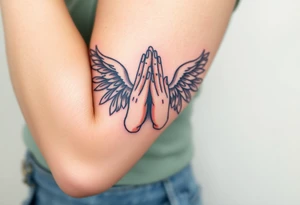 Prayer hand with names mixing in angel wings tattoo idea