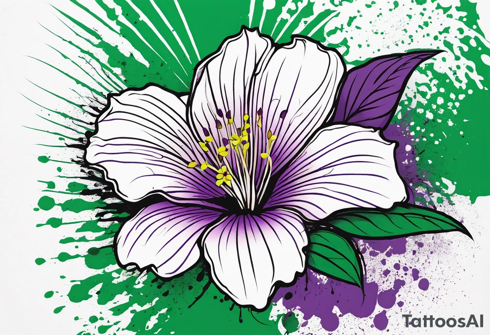 An outline of a rio dipladenia flower with a splatter green and purple background tattoo idea