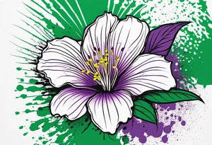 An outline of a rio dipladenia flower with a splatter green and purple background tattoo idea