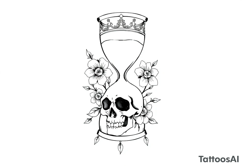 Hourglass with detailed beautiful gothic boho flowers on vine and skull with gorgeous crown tattoo idea