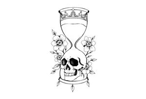 Hourglass with detailed beautiful gothic boho flowers on vine and skull with gorgeous crown tattoo idea