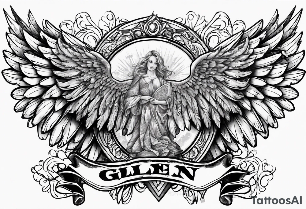 The word Glenn on a banner with angel Wings tattoo idea
