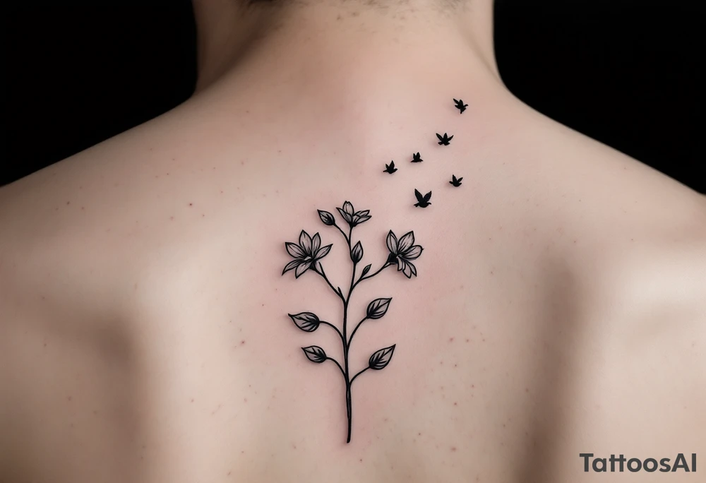 A wood violet blowing in the wind with pedals floating away turning into birds tattoo idea