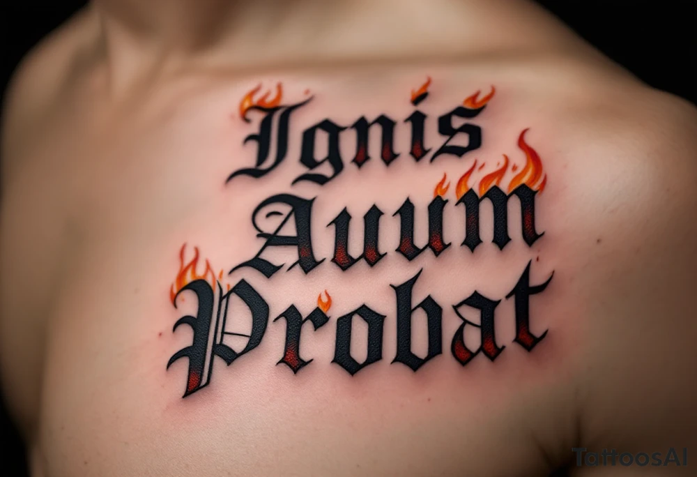 "Ignis Aurum Probat" (Fire tests gold), in etched medieval-style font, rising from flames curling around a golden ingot, done in charcoal black, dark red, and muted gold ink for a powerful, alchemical look. tattoo idea