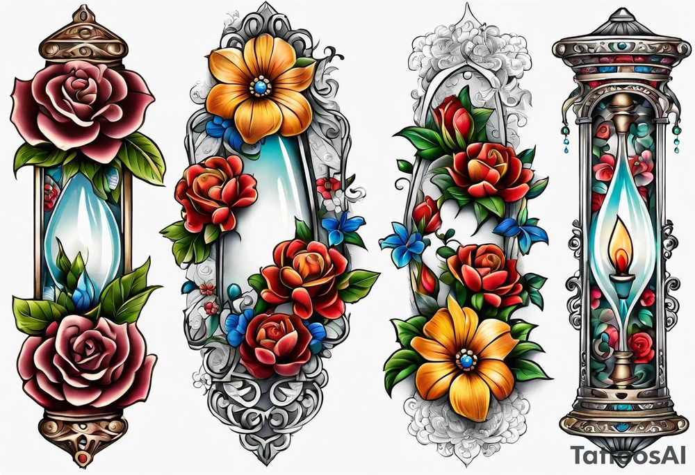 Floral leg piece with beading and lace tattoo idea. colorful, old school flowers, highly detailed, florals. white background. beautiful hourglass at the center, intricate highly detailed, tattoo idea
