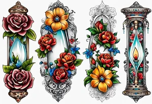Floral leg piece with beading and lace tattoo idea. colorful, old school flowers, highly detailed, florals. white background. beautiful hourglass at the center, intricate highly detailed, tattoo idea