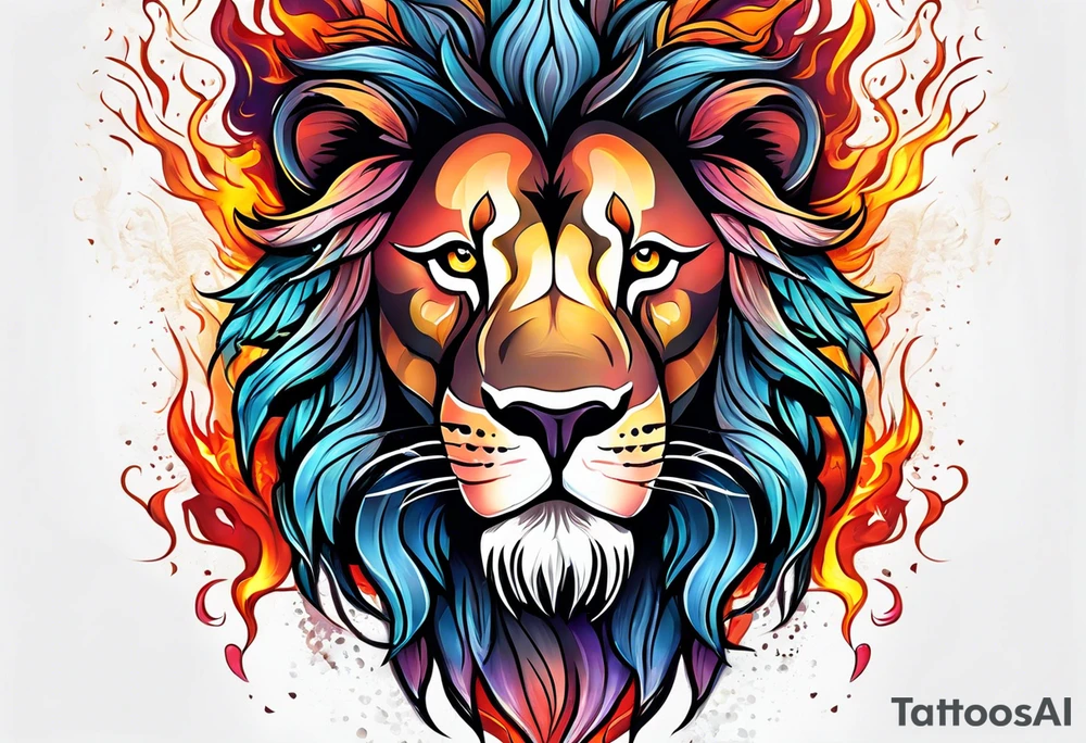 A lion surrounded by fire in full color tattoo idea