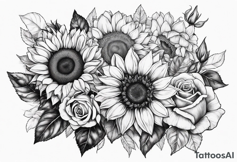 Sunflower and roses tattoo idea