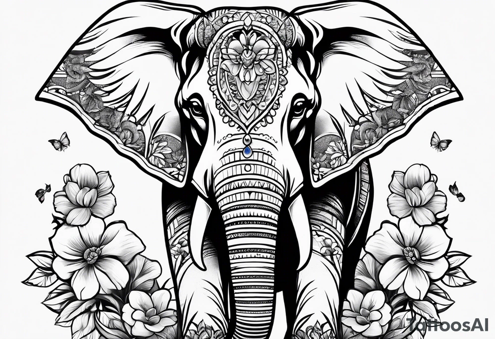 Elephant and flowers tattoo idea