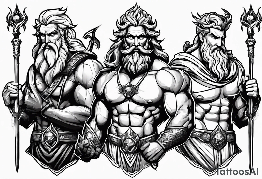 Zeus with bolt, posiden with trident and hades with his weapon in one design for arm tattoo idea