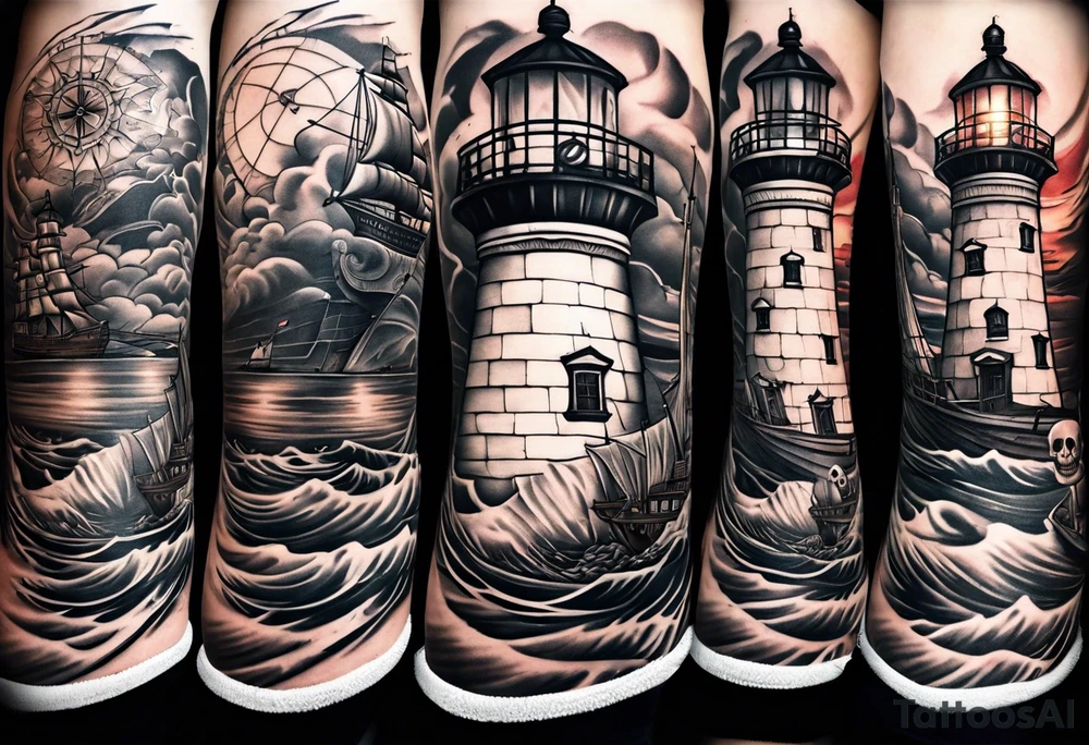 I want a lower leg sleeve with a ship, lighthouse, compass and a skull with a sailors hat on tattoo idea