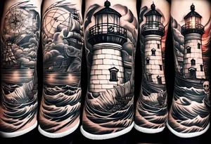 I want a lower leg sleeve with a ship, lighthouse, compass and a skull with a sailors hat on tattoo idea