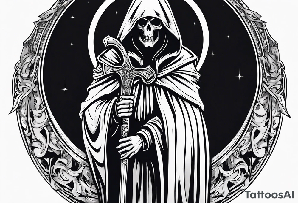 full body grim reaper with his hood off and a halo above his head tattoo idea