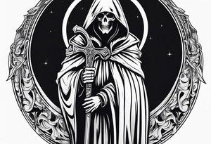 full body grim reaper with his hood off and a halo above his head tattoo idea