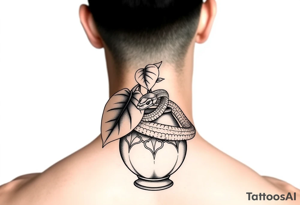 Large Decorative ornamental
 vase with large philodendron leaves with a snake wrapped around showing the head of the  snake in color tattoo idea