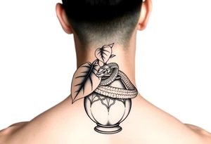Large Decorative ornamental
 vase with large philodendron leaves with a snake wrapped around showing the head of the  snake in color tattoo idea