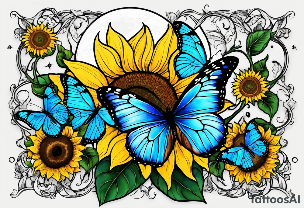 Full moon, blue morpho butterflies and sunflowers. tattoo idea