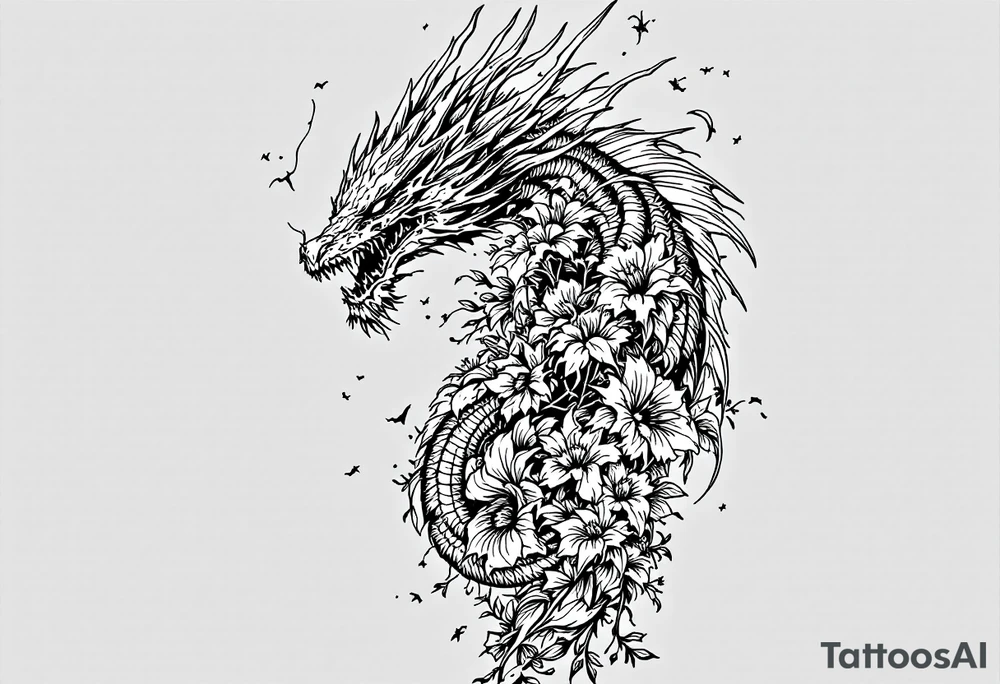 scary long dragon with dead flowers tattoo idea