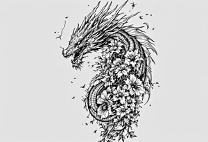 scary long dragon with dead flowers tattoo idea