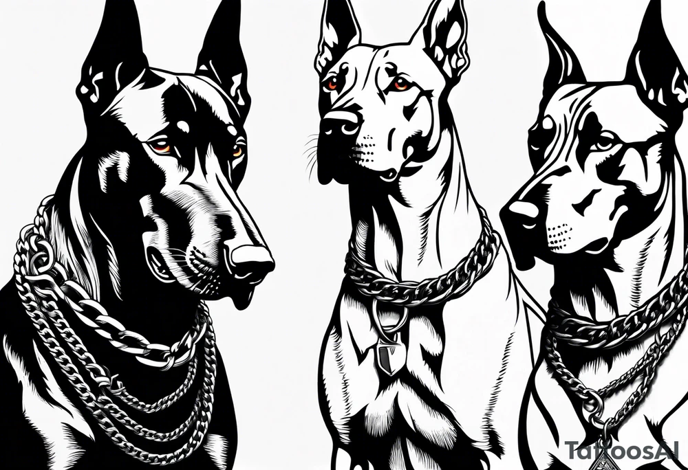 the chain is stretched, there are three angry barking Dobermans in it tattoo idea