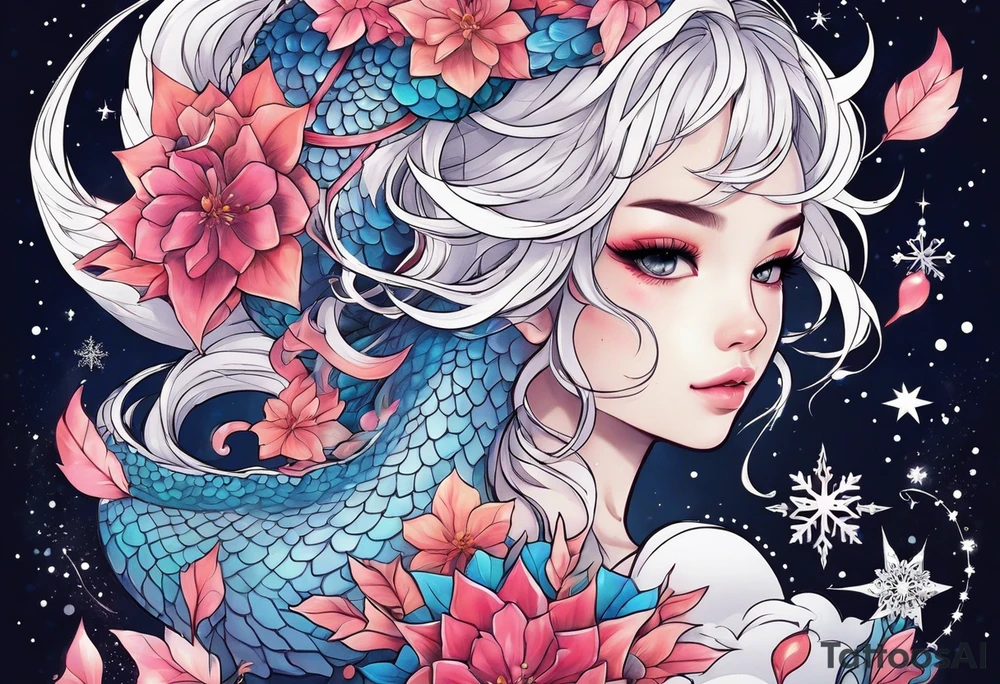 Constellation, kawaii dragon girl , snowflake tattoo idea