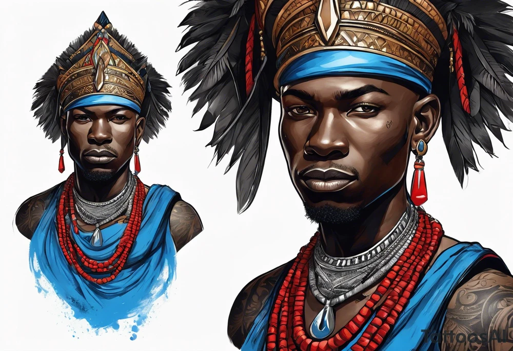 Black-skinned bald african warrior. He wears a simple and small silver crown. He wears two simple necklaces: one blue, other red. tattoo idea